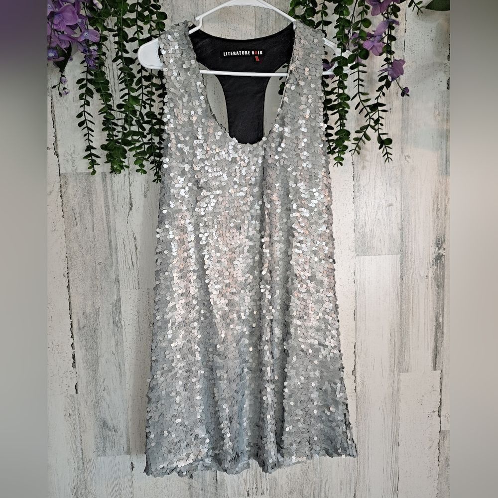 NWOT Literature Noir Faux Leather and Sequin Dress